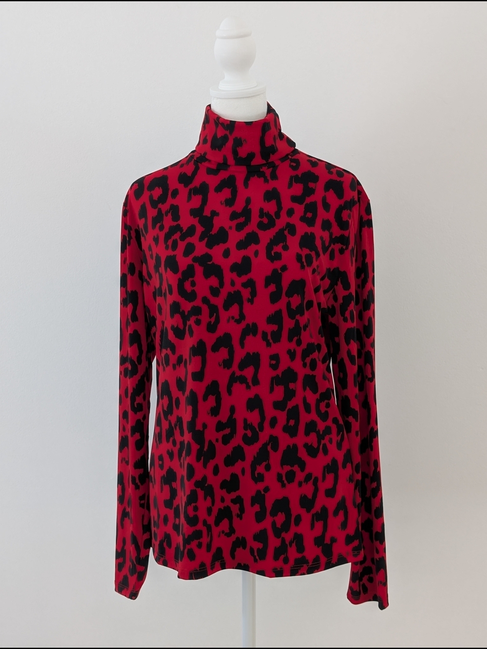 New York & Company Blouse Women L Red  Black Leopard Print Turtleneck Top Casual